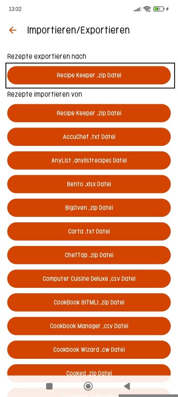 Export Recipes page of Recipe Keeper